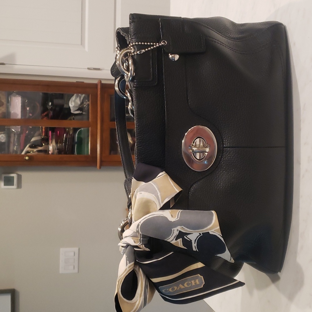 Coach Black Leather Satchel with Scarf Accent Size Medium